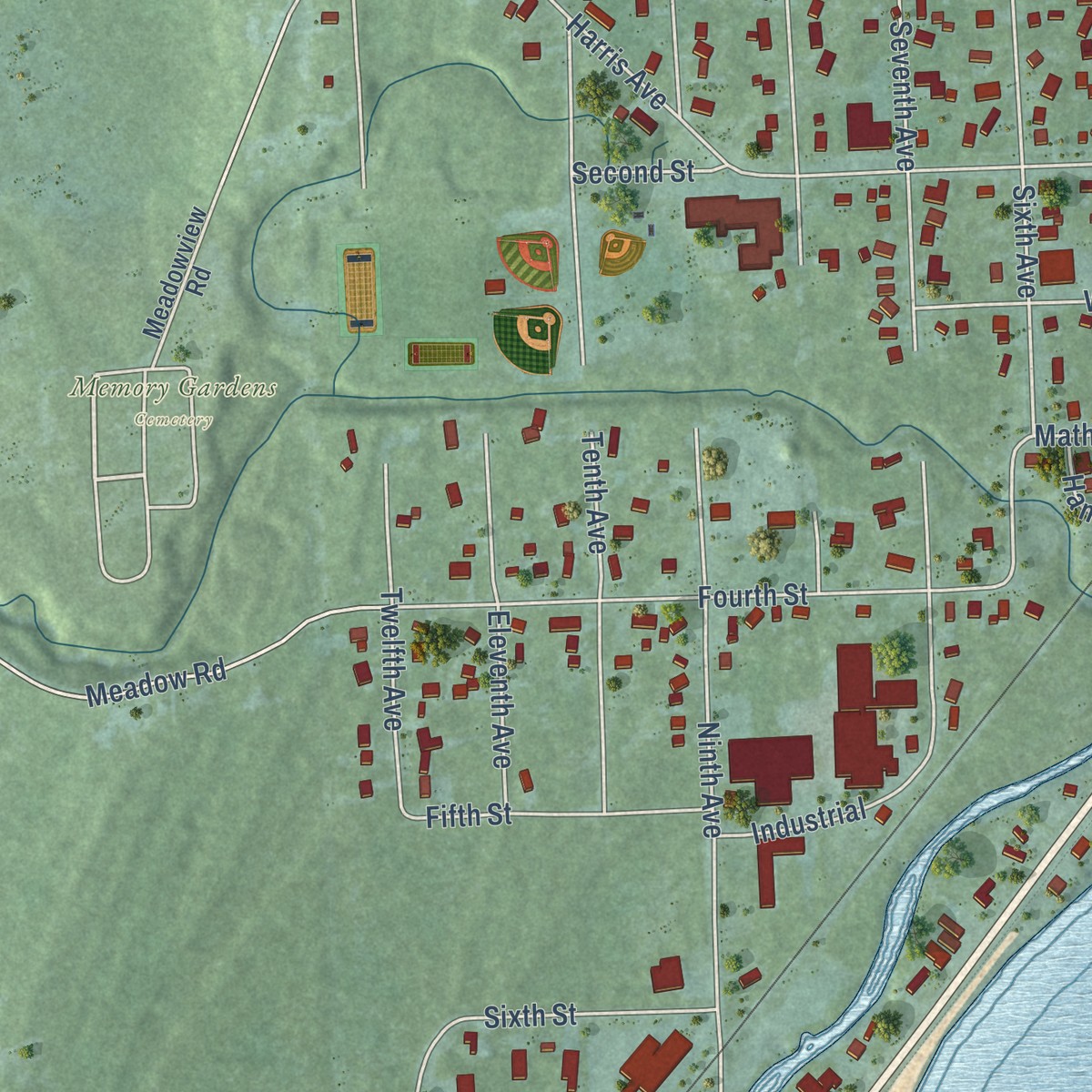 Second close-up of the map of Tawas City, Michigan print showing more streets and buildings
