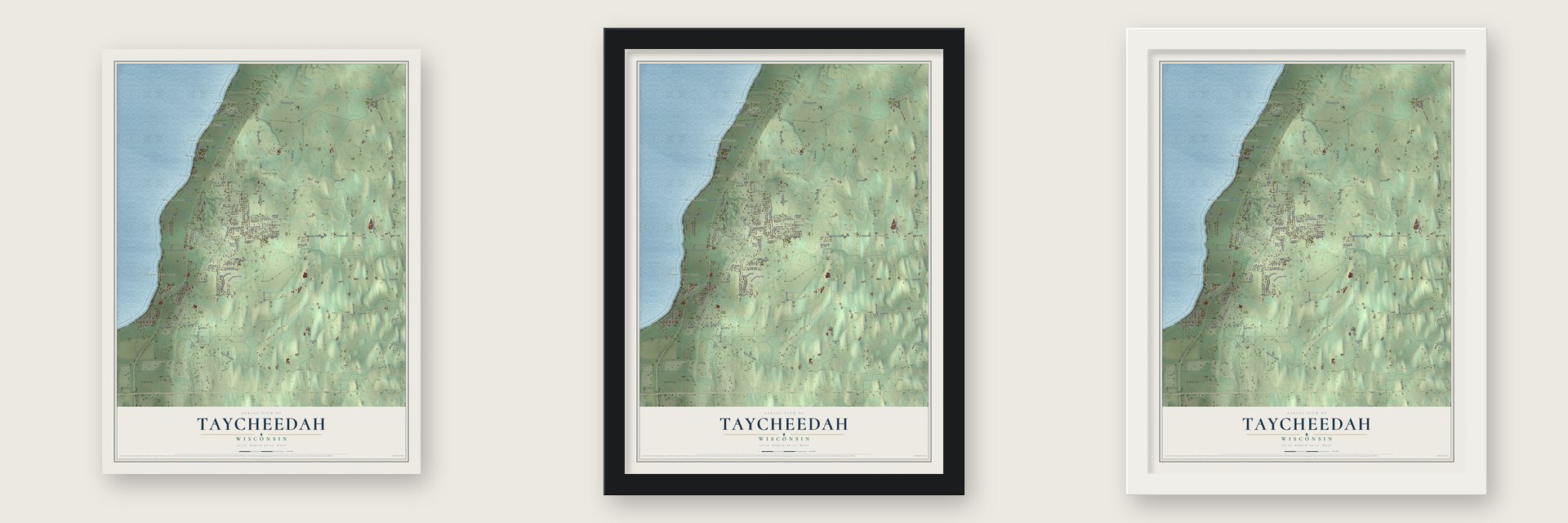 Taycheedah, Wisconsin map unframed, in a black wood frame and in a white wood frame