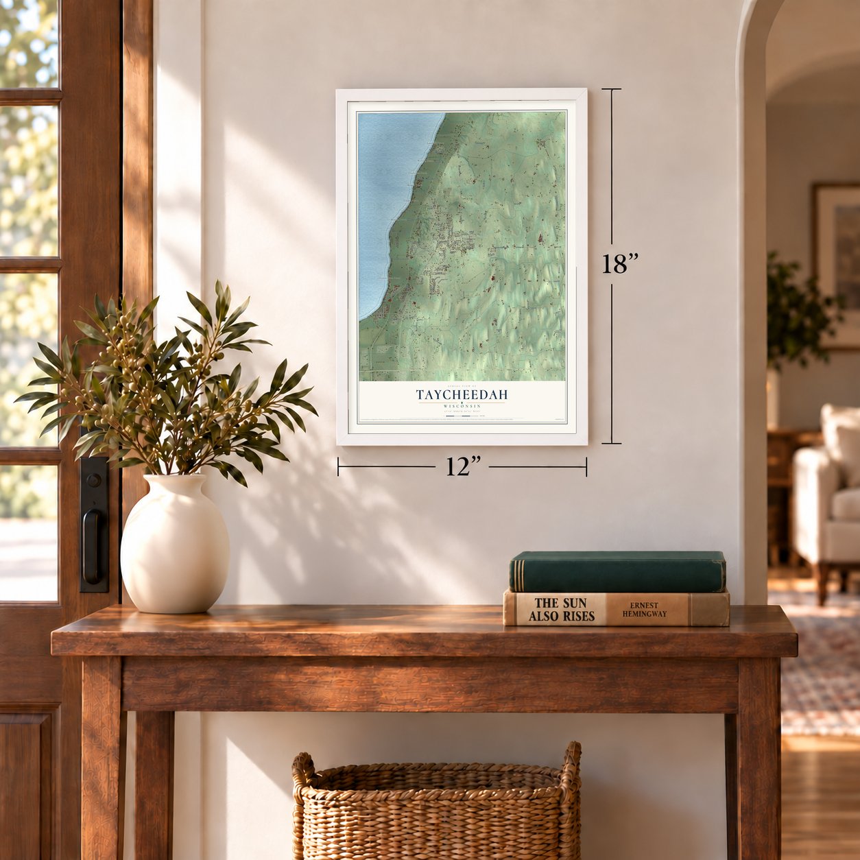 Taycheedah, Wisconsin map, 12 x 18 inch print in a white frame in an entryway