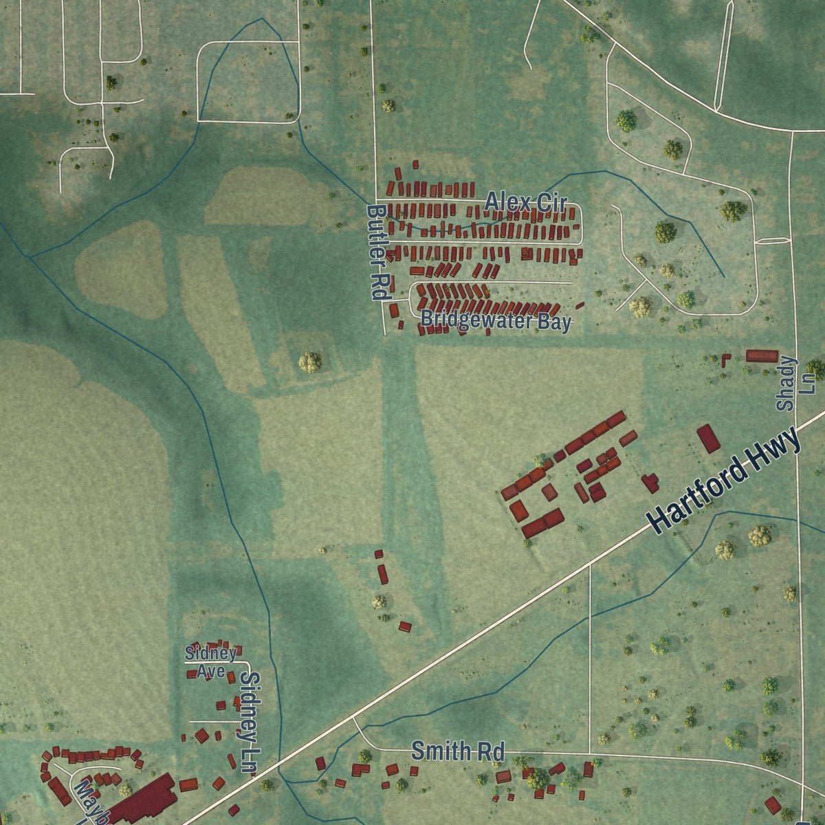 Second close-up of the map of Taylor, Alabama print showing more streets and buildings
