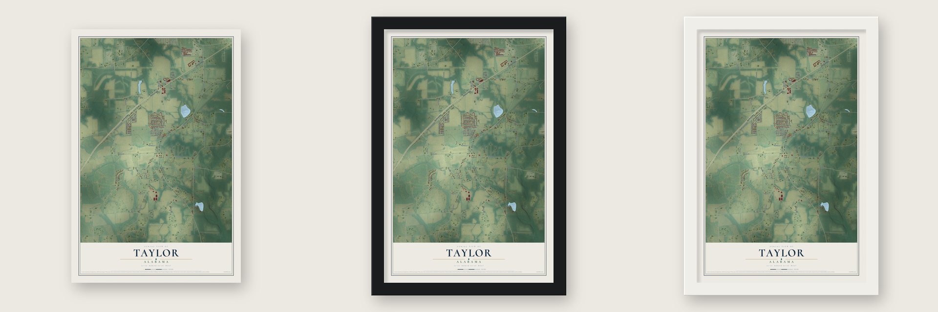 Taylor, Alabama map unframed, in a black wood frame and in a white wood frame