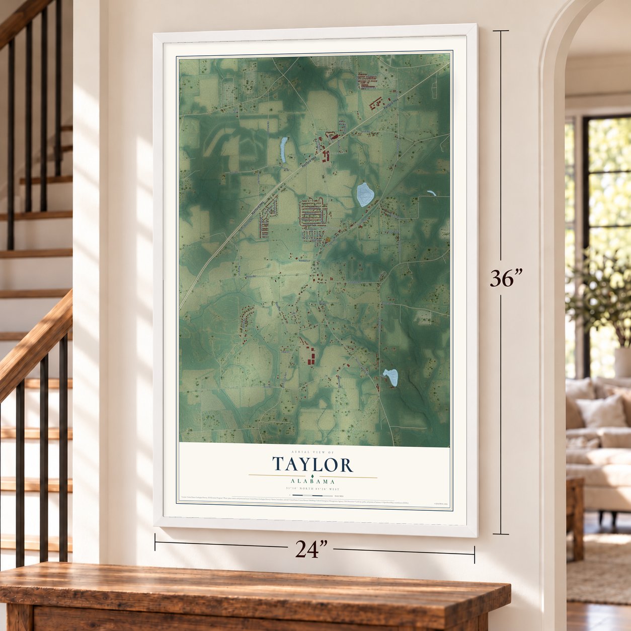 Taylor, Alabama map, 24 x 36 inch print in a white frame by a staircase