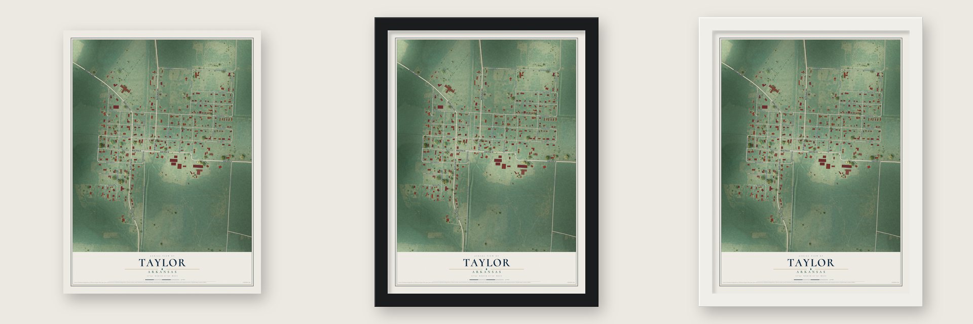 Taylor, Arkansas map unframed, in a black wood frame and in a white wood frame