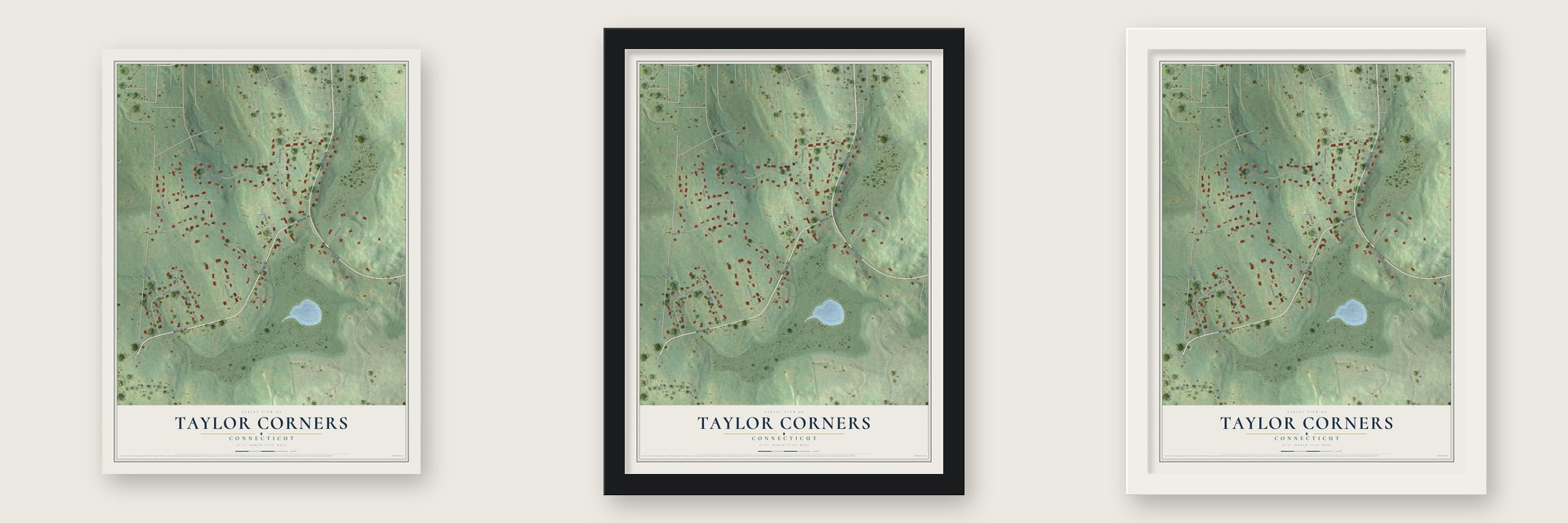 Taylor Corners, Connecticut map unframed, in a black wood frame and in a white wood frame