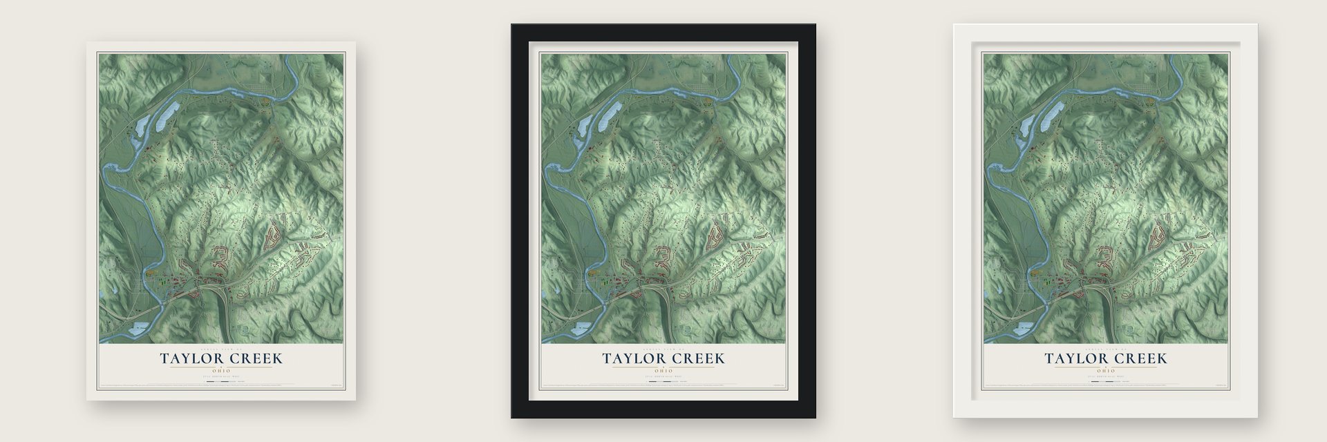 Taylor Creek, Ohio map unframed, in a black wood frame and in a white wood frame