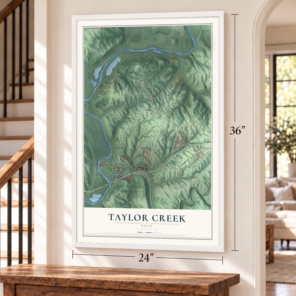Taylor Creek, Ohio map, 24 x 36 inch print in a white frame by a staircase