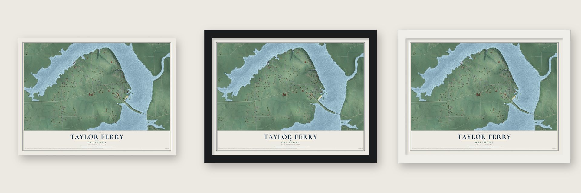 Taylor Ferry, Oklahoma map unframed, in a black wood frame and in a white wood frame
