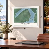 Taylor Ferry, Oklahoma map, 18 x 24 inch print in a white frame in a home office
