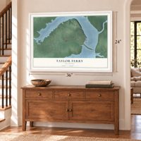 Taylor Ferry, Oklahoma map, 24 x 36 inch print in a white frame above a dresser by a staircase