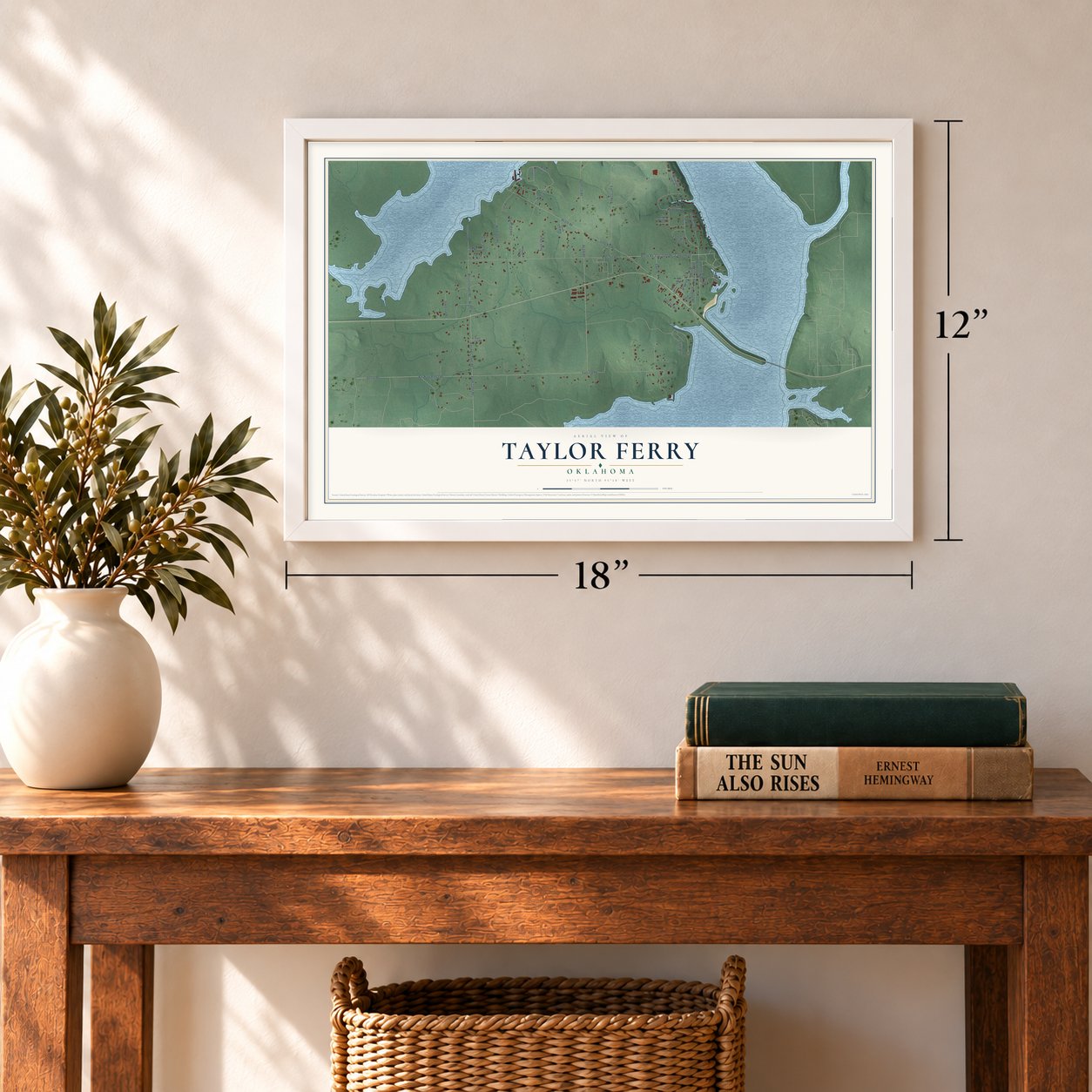 Taylor Ferry, Oklahoma map, 12 x 18 inch print in a white frame in an entryway