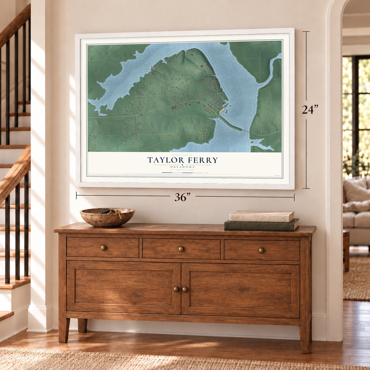 Taylor Ferry, Oklahoma map, 24 x 36 inch print in a white frame above a dresser by a staircase
