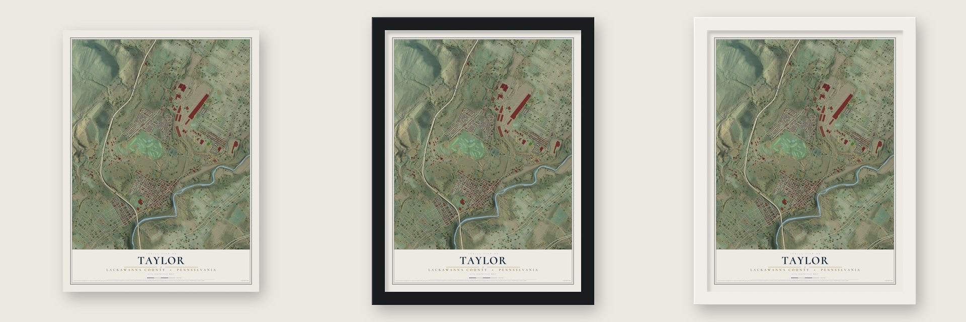 Taylor, Lackawanna County, Pennsylvania map unframed, in a black wood frame and in a white wood frame