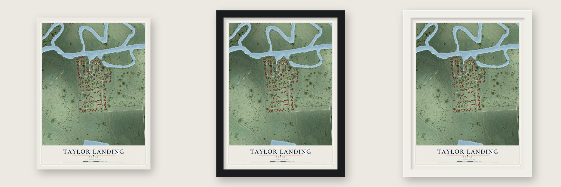 Taylor Landing, Texas map unframed, in a black wood frame and in a white wood frame