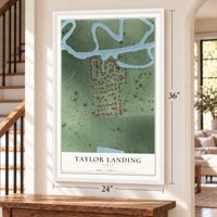 Taylor Landing, Texas map, 24 x 36 inch print in a white frame by a staircase