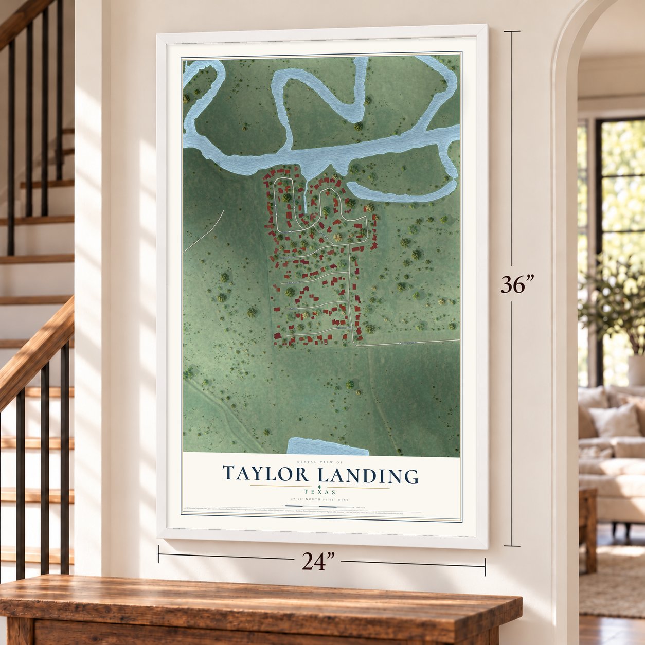 Taylor Landing, Texas map, 24 x 36 inch print in a white frame by a staircase