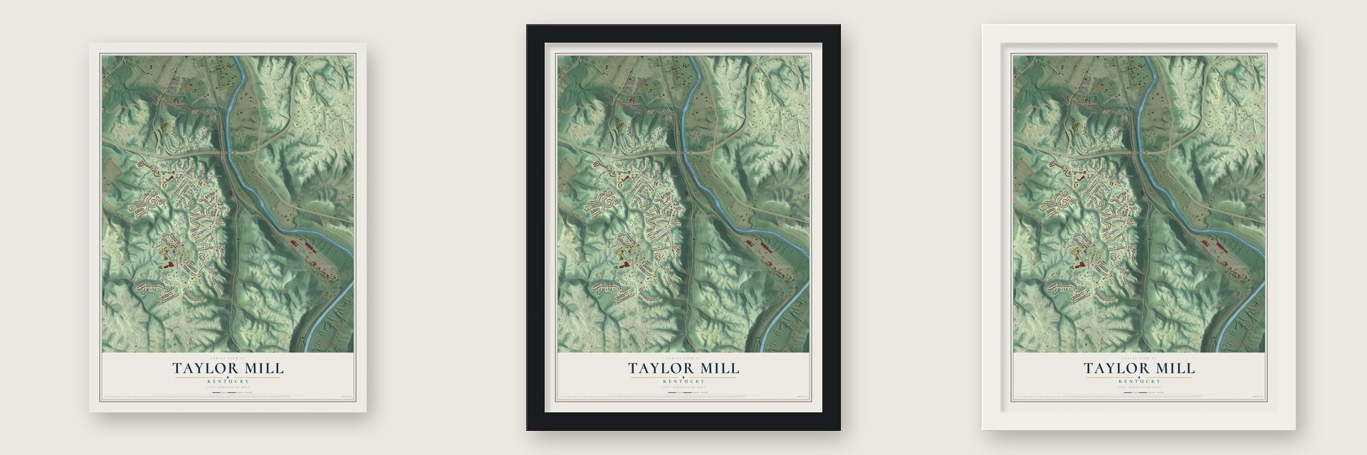 Taylor Mill, Kentucky map unframed, in a black wood frame and in a white wood frame