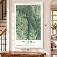 Taylor Mill, Kentucky map, 24 x 36 inch print in a white frame by a staircase