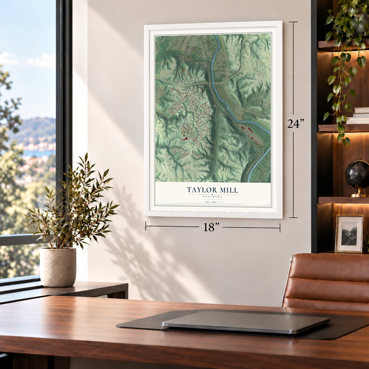 Taylor Mill, Kentucky map, 18 x 24 inch print in a white frame in a home office