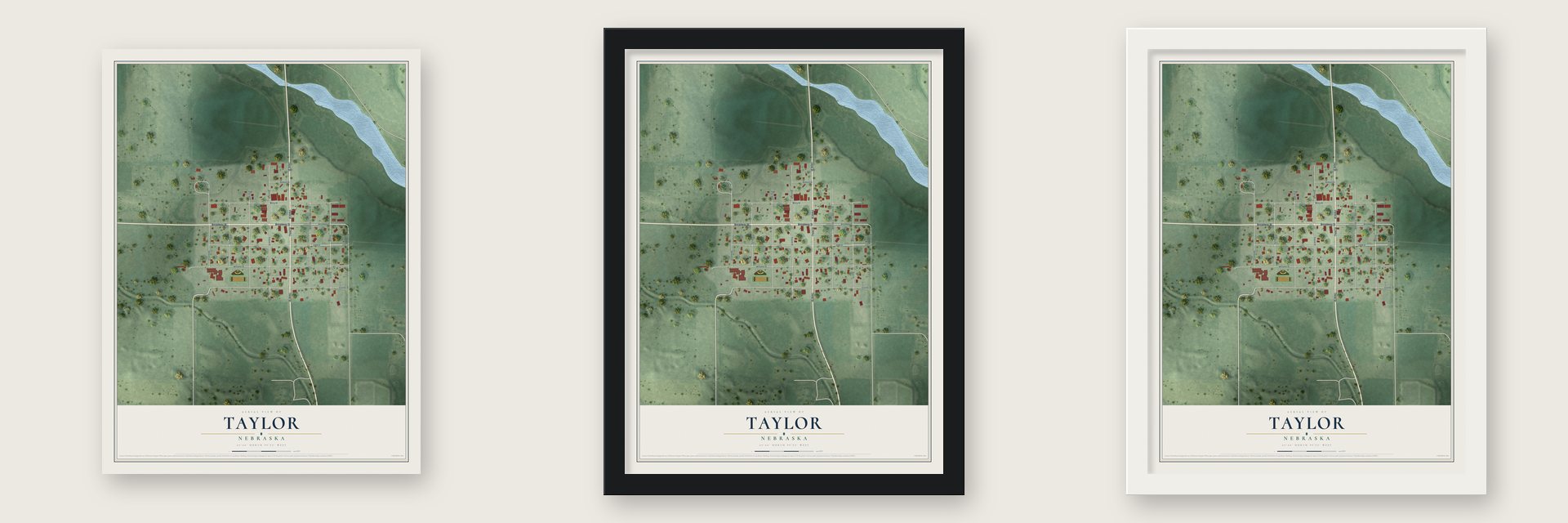 Taylor, Nebraska map unframed, in a black wood frame and in a white wood frame