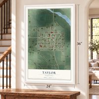 Taylor, Nebraska map, 24 x 36 inch print in a white frame by a staircase