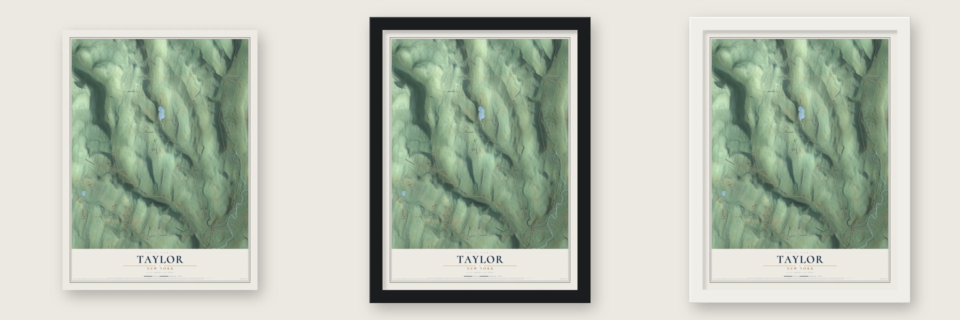 Taylor, New York map unframed, in a black wood frame and in a white wood frame