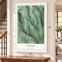 Taylor, New York map, 24 x 36 inch print in a white frame by a staircase