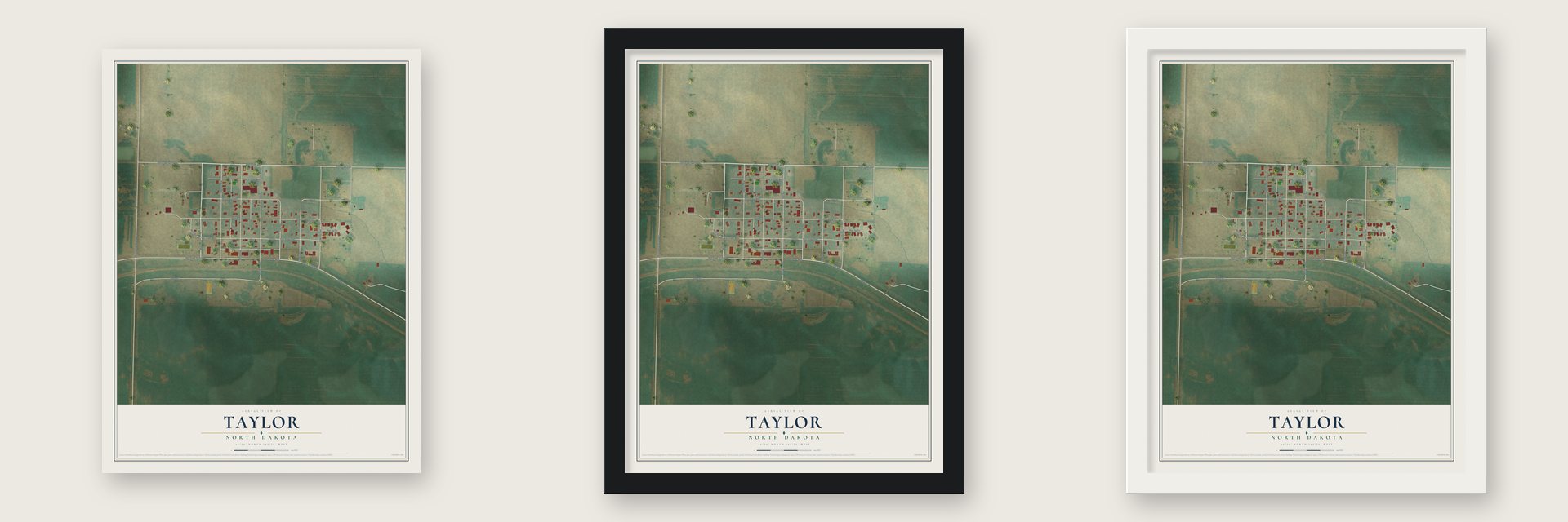 Taylor, North Dakota map unframed, in a black wood frame and in a white wood frame
