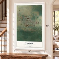 Taylor, North Dakota map, 24 x 36 inch print in a white frame by a staircase