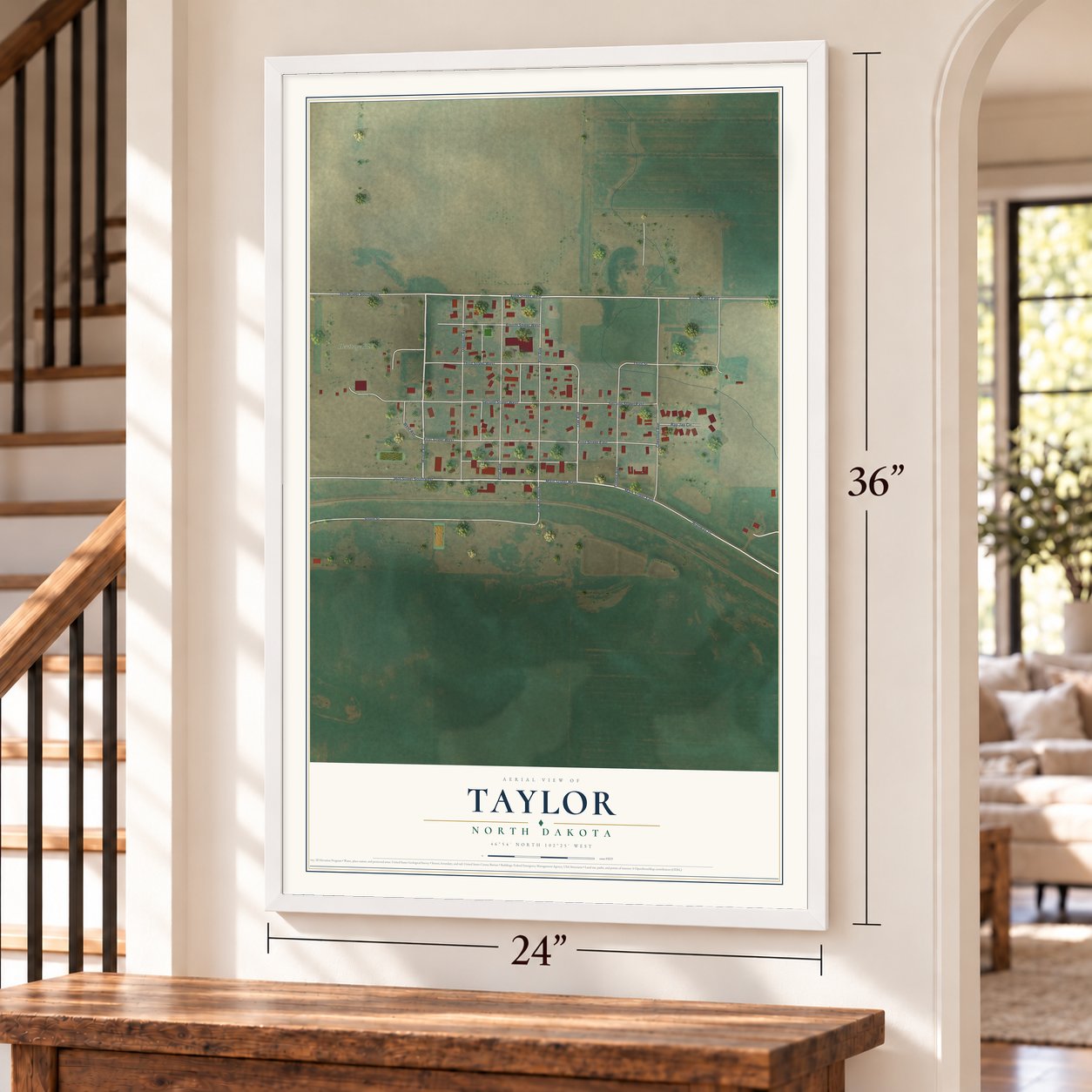 Taylor, North Dakota map, 24 x 36 inch print in a white frame by a staircase