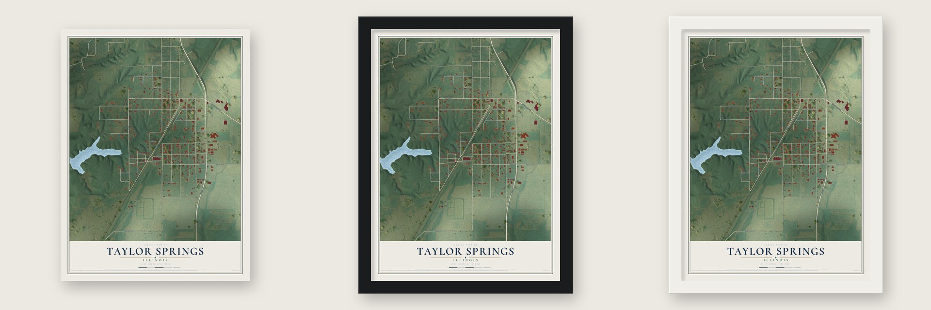 Taylor Springs, Illinois map unframed, in a black wood frame and in a white wood frame