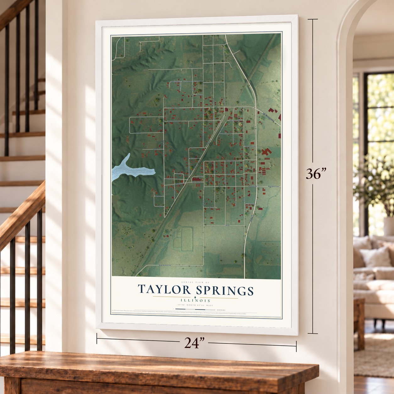 Taylor Springs, Illinois map, 24 x 36 inch print in a white frame by a staircase