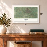 Taylor, Texas map, 12 x 18 inch print in a white frame in an entryway