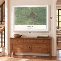 Taylor, Texas map, 24 x 36 inch print in a white frame above a dresser by a staircase