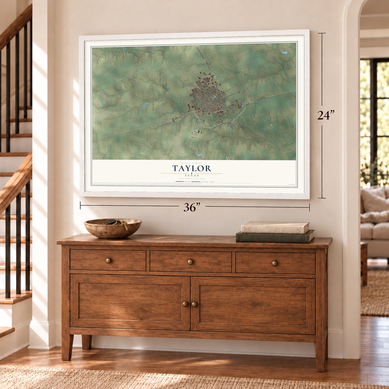 Taylor, Texas map, 24 x 36 inch print in a white frame above a dresser by a staircase