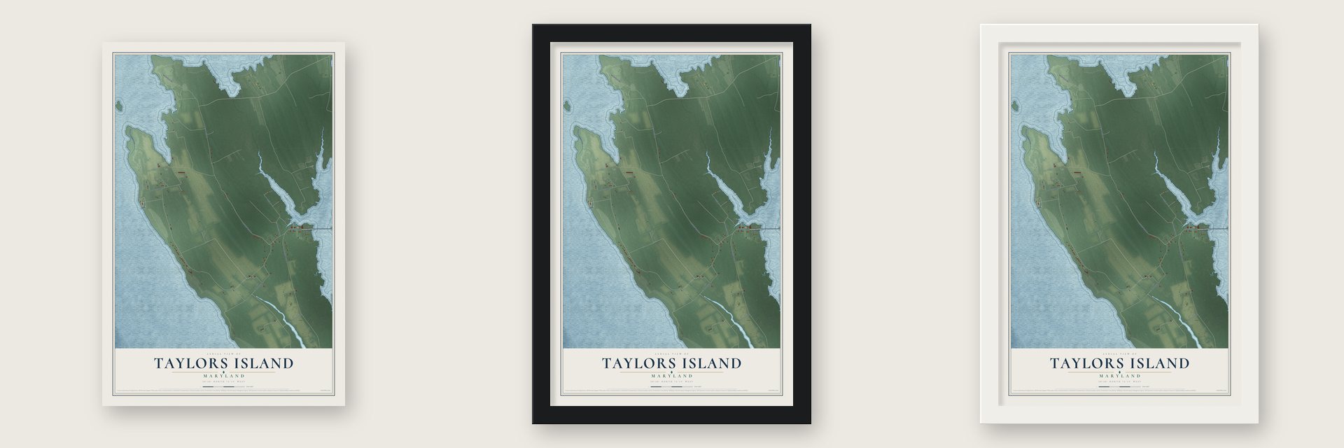 Taylors Island, Maryland map unframed, in a black wood frame and in a white wood frame