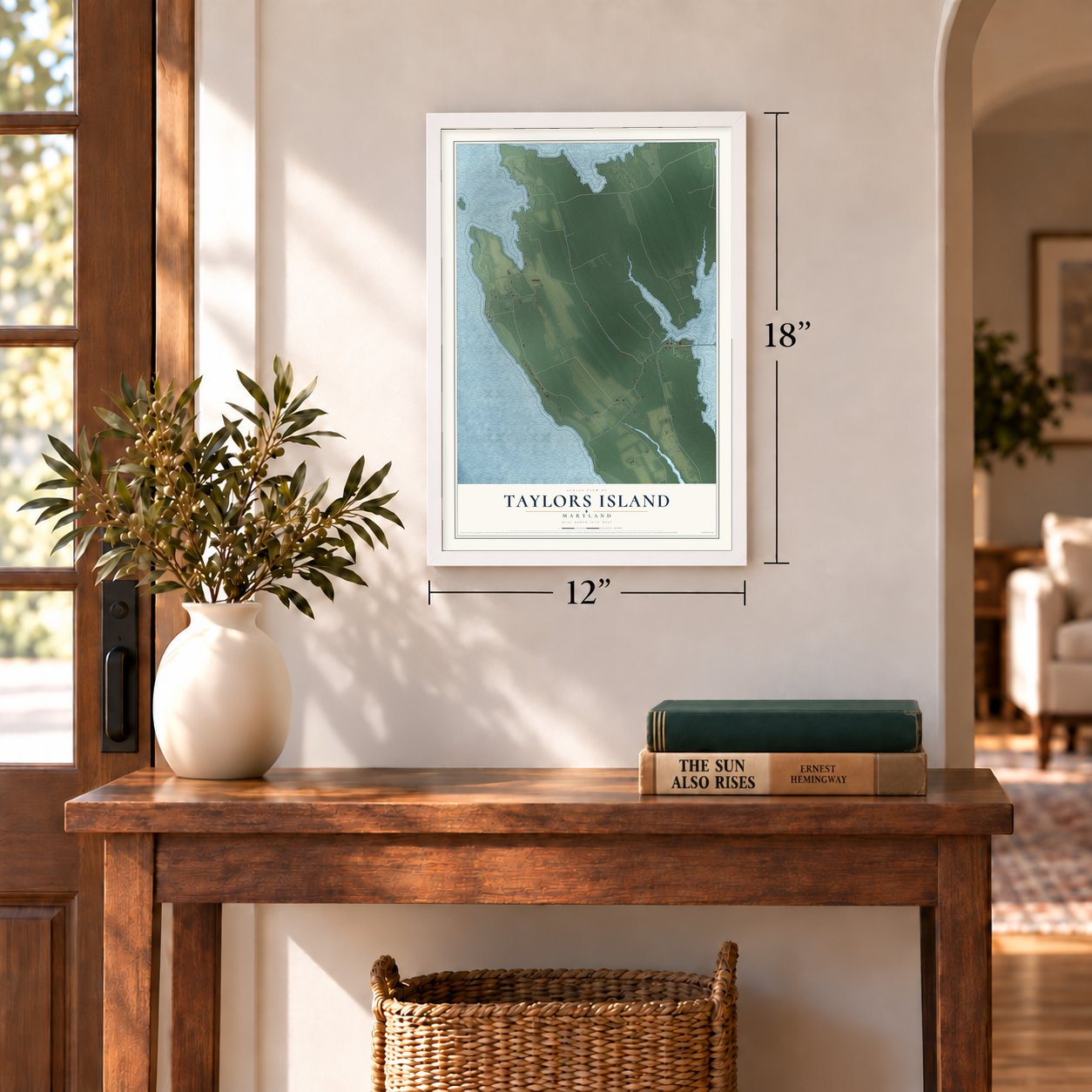 Taylors Island, Maryland map, 12 x 18 inch print in a white frame in an entryway