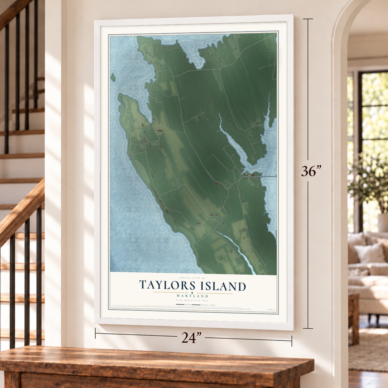Taylors Island, Maryland map, 24 x 36 inch print in a white frame by a staircase