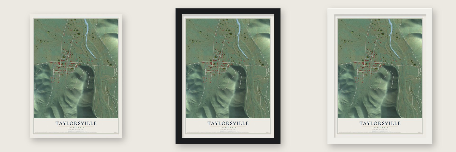 Taylorsville, California map unframed, in a black wood frame and in a white wood frame