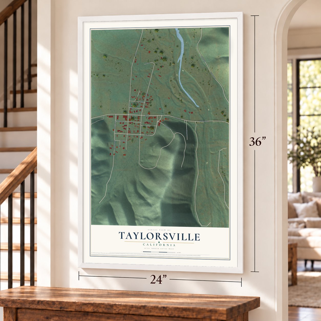 Taylorsville, California map, 24 x 36 inch print in a white frame by a staircase