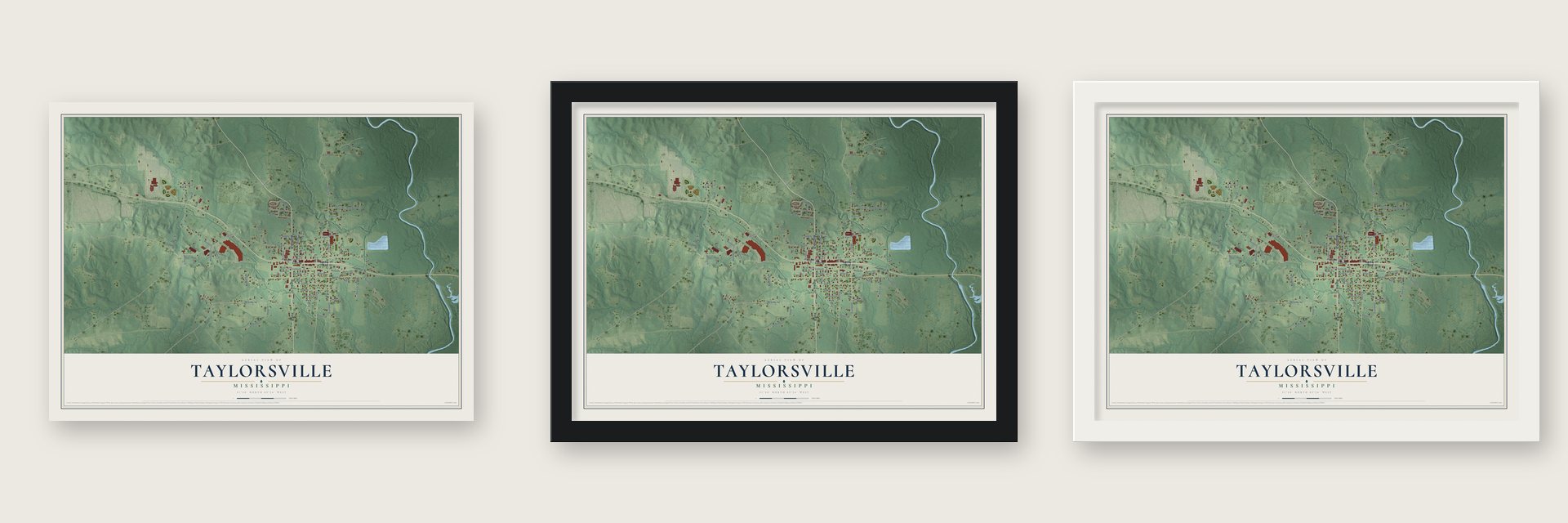 Taylorsville, Mississippi map unframed, in a black wood frame and in a white wood frame