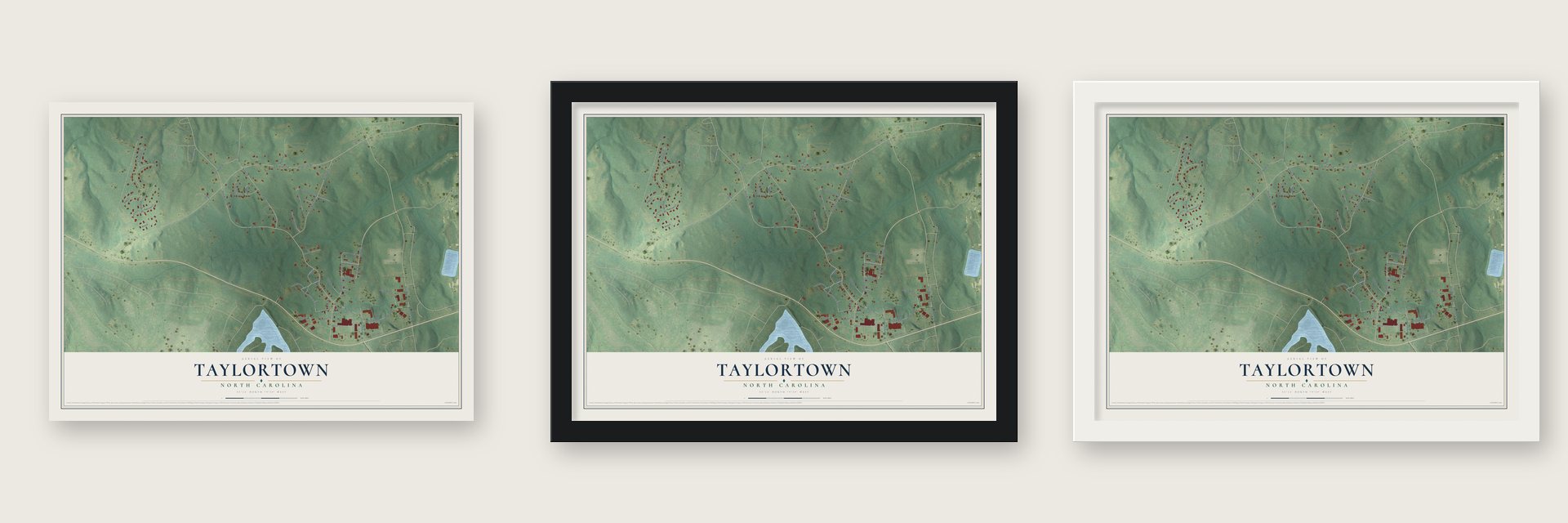 Taylortown, North Carolina map unframed, in a black wood frame and in a white wood frame