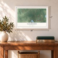 Taylortown, North Carolina map, 12 x 18 inch print in a white frame in an entryway