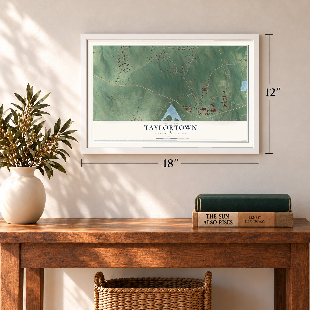 Taylortown, North Carolina map, 12 x 18 inch print in a white frame in an entryway