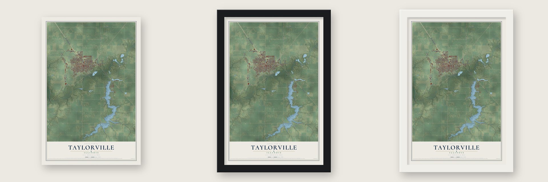 Taylorville, Illinois map unframed, in a black wood frame and in a white wood frame