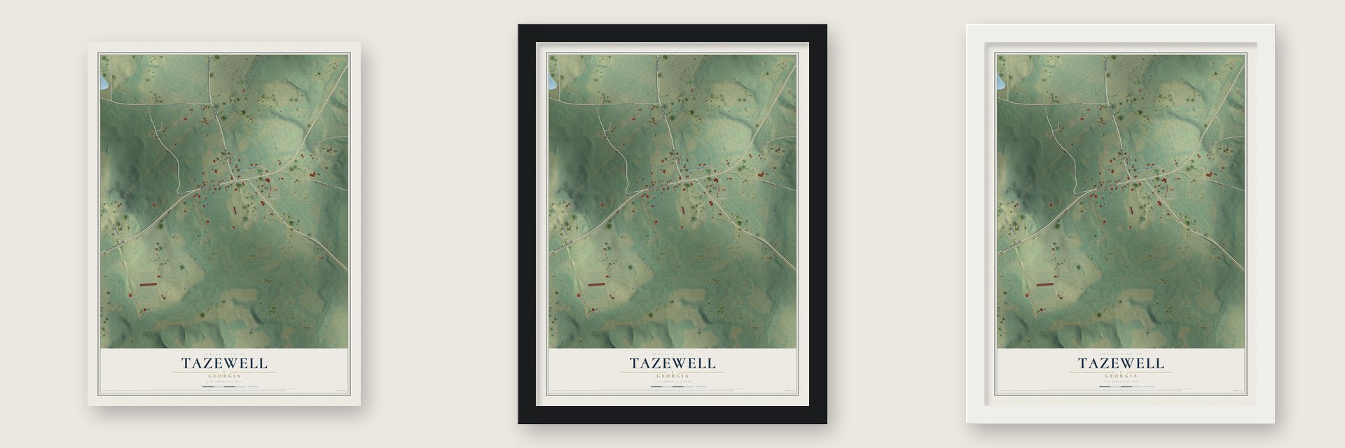 Tazewell, Georgia map unframed, in a black wood frame and in a white wood frame