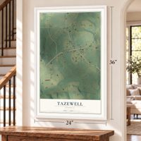 Tazewell, Georgia map, 24 x 36 inch print in a white frame by a staircase