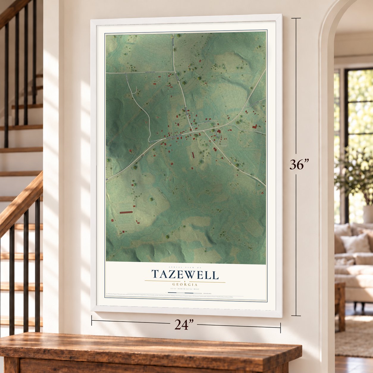 Tazewell, Georgia map, 24 x 36 inch print in a white frame by a staircase