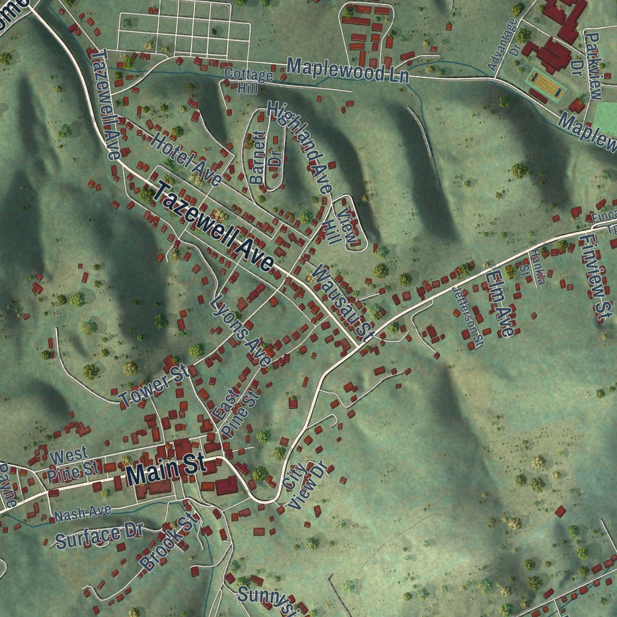 Second close-up of the map of Tazewell, Virginia print showing more streets and buildings