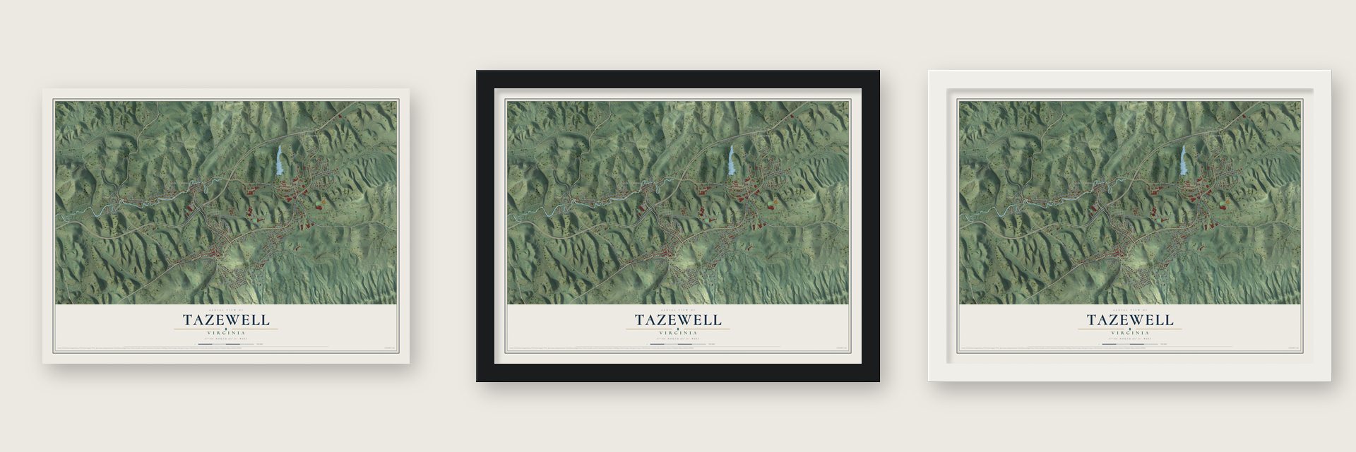 Tazewell, Virginia map unframed, in a black wood frame and in a white wood frame