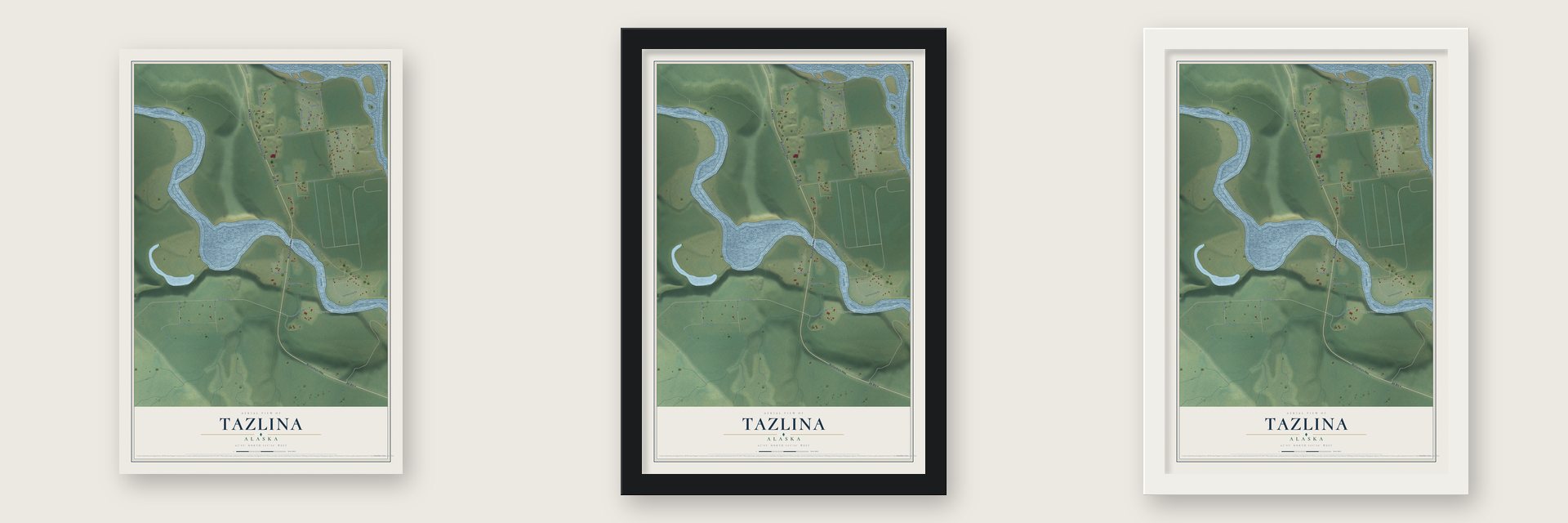 Tazlina, Alaska map unframed, in a black wood frame and in a white wood frame
